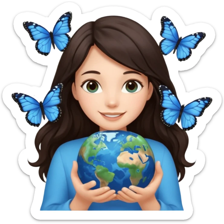 Successful CEO (brunette girl, another emoji, in the middle), holding the Earth 🌍 in her hands smiling warmly, blue monarch butterflies fly around her. sticker