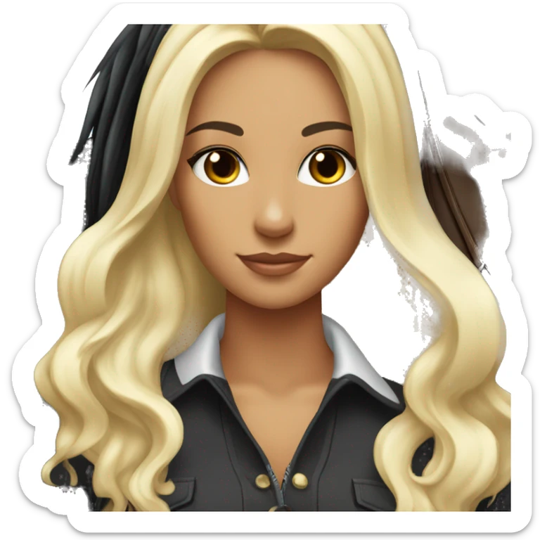 Pretty tanned equestrian woman long black hair with blonde highlights holding black stallion reins sticker