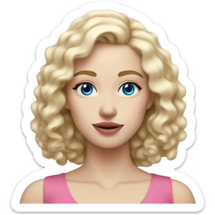 Pale white 25 year old woman with blue eyes, long blonde and curly hair, light brown eyebrows and pink lips sticker