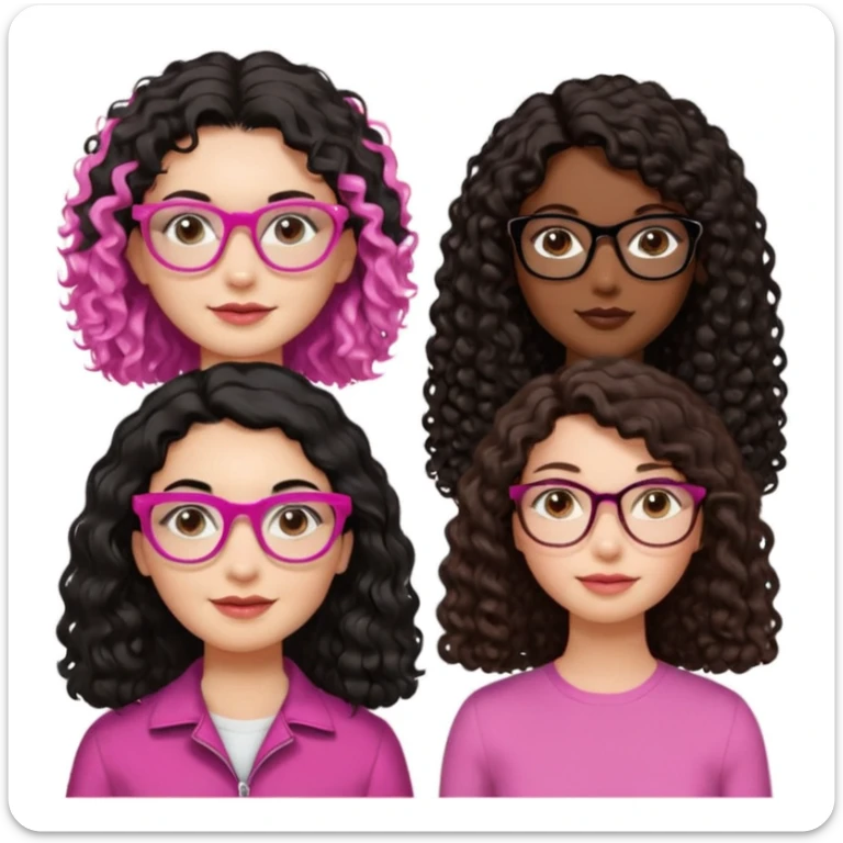 Una mujer con el cabello liso,negro,blanca y cara perfiladita otra con el pelo odulado medio crespito y blanca pelo marrón y otra con el pelo odulado medio liso morenita y con gafas rosada y por último otra Morena oscurita con el pelo rizado-crespo y gafas doradas  sticker