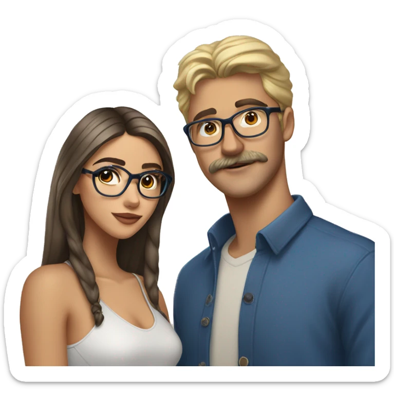 brunette, brown eyed, madison beer standing next to blonde man with , mustache, blue eyes, and brown glasses sticker