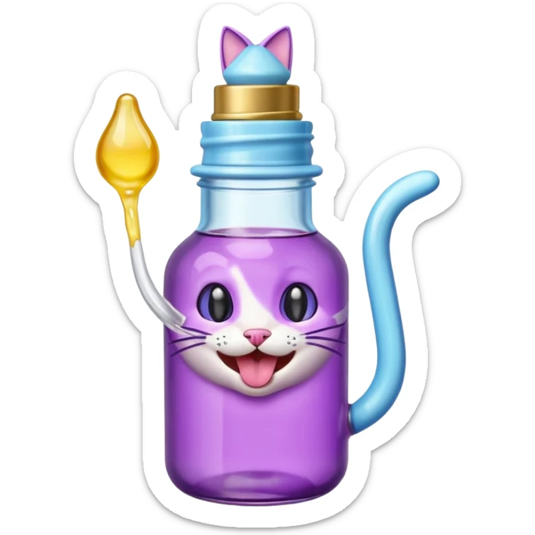 Smiling bottle of oil light purple top and light blue sticking tongue out and with cat ears sticker