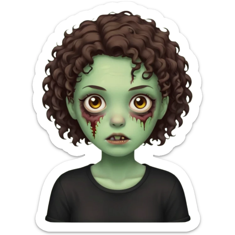 Zombie girl emoji verde um pouco escuro com cabelo curto cacheado castanho no ombro com uma blusa preta sticker