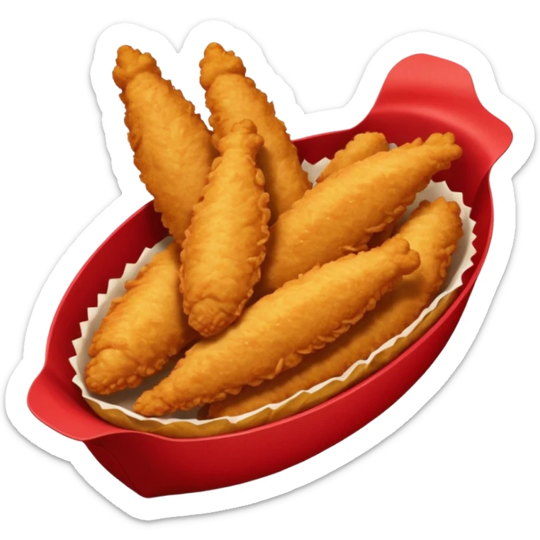 5 breaded chicken tenders of varying sizes and shapes in a red paper food boat sticker