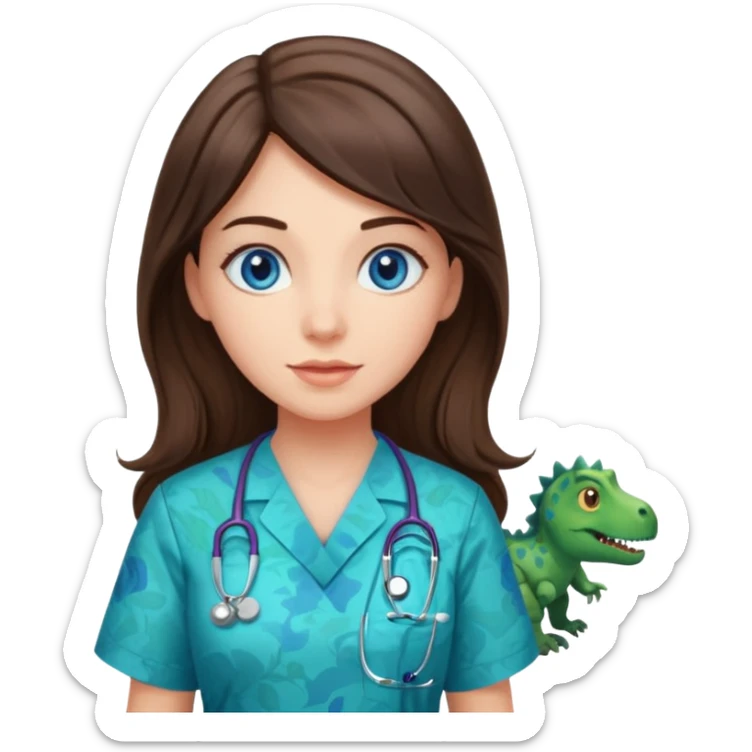 pretty brunette nurse with long hair and blue eyes in dinosaur pattern scrubs sticker