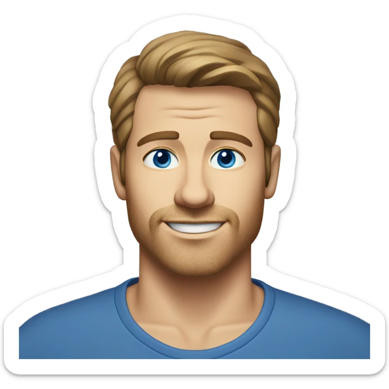 A head and shoulders shot of a 34 year old white man, with short brown hair, with stubble facial hair,   with blue eyes wearing a t-shirt. sticker