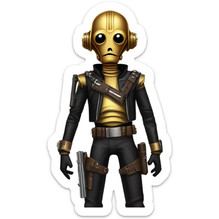battle rough and tough bounty hunter c3Po wearing Satan’s leather biker outfit with guns hat on head. walking sticker