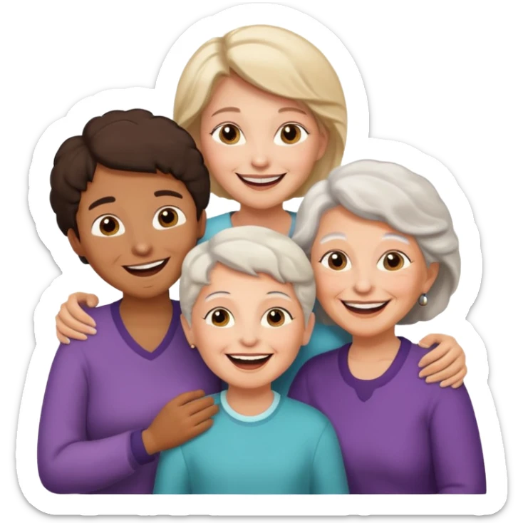 two kids (1 brown boy and 1 white girl) with their mother and grand mother smiling sticker