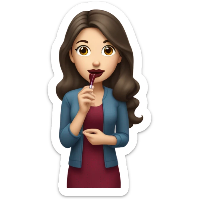 White brunette girl dressed in burgundy putting lipgloss on her lips sticker