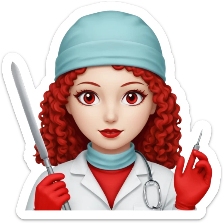 Scary woman scalpel in hand, evil surgeon sexy surgeon clothes.  She has red eyes. Her  brown long curly hair. Wears sexy doctor outfit with red gloves. make her wear red ski mask  to hide. Wears white surge9n jcketneb sticker