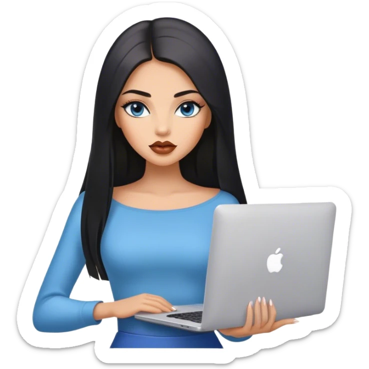 Glamours, tanned, very beautiful girl, with big pump beige lips, black straight smooth silky long hair, straight parting, blue-grey eyes, holding MacBook sticker
