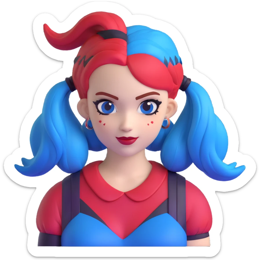 hair styled like Harley Quinn with blue and red pigtails sticker