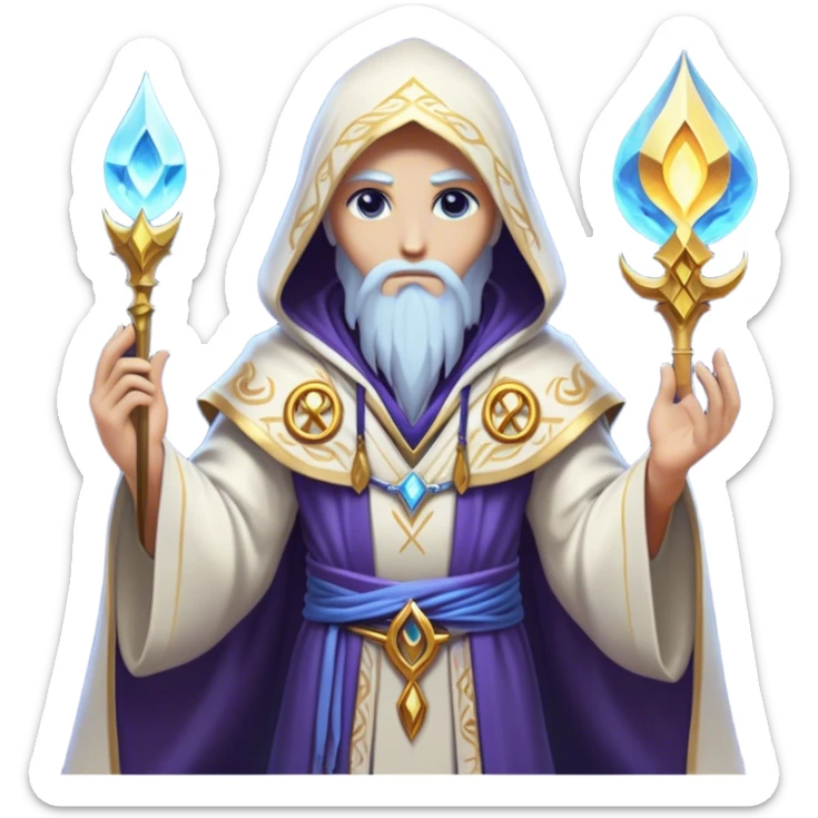 Clash of Clans aesthetic friendly Mage Portrait Emoji, With an enigmatic, slender build draped in flowing mystical robes adorned with arcane symbols, piercing eyes and a determined aura, his face rendered in a natural skin tone (not yellow), Simplified yet sharply defined features, highly detailed, glowing with a cool, otherworldly radiance, high shine, wise and resolute, stylized with an air of ancient sorcery, focused and mystical, soft glowing outline, capturing the essence of a powerful mage ready to unleash enchanted spells on epic adventures! sticker