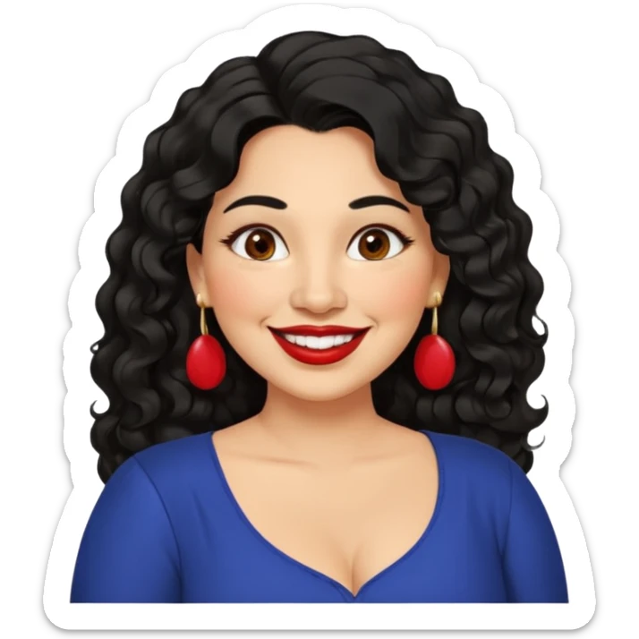 40 yr old Mexican woman, slightly chubby, wavy/curly long black hair, red lipstick, big smile, white teeth, brown eyes, hoop earings, side part to hair, round face, nice blouse, no wrinkle hair side swept, big hoop earing sticker