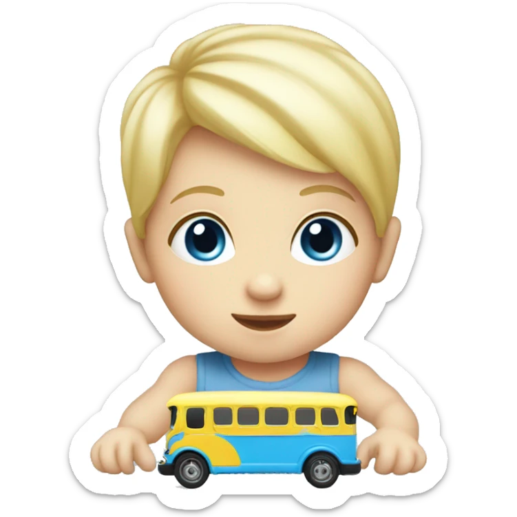 Baby playing with a toy bus blue eyes and blonde hair  sticker