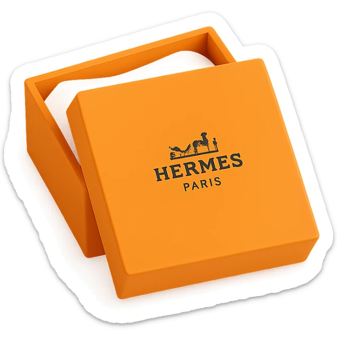 Add the Hermès logo to the center of the 3D orange box, which is slightly open with tissue paper inside. Keep the same square shape and proportions, minimal style, on a white or transparent background. sticker