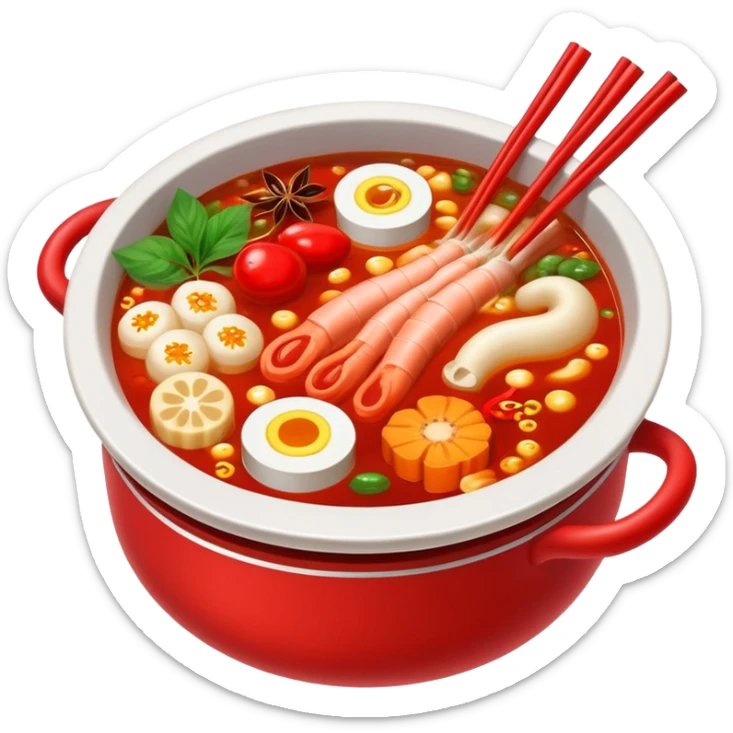 Chinese hot pot, bubbling red spicy broth with variety of ingredients, emoji style sticker