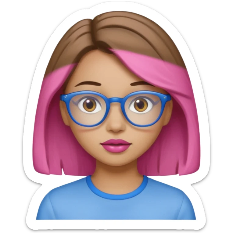 A girl with light skin, brown eyes, blue glasses, pink lips, and light brown hair. sticker