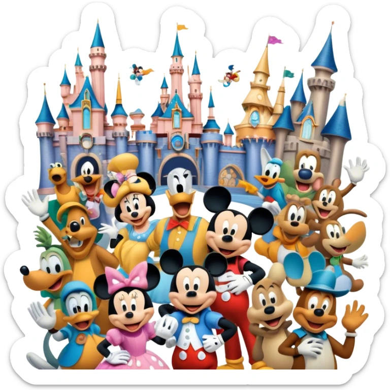 Colorful icon for Animated Movies: A vibrant collage featuring iconic characters like Goofy, Mickey Mouse, Franco, Masha and the Bear and Luntik. Each character should be large and bright, set against a cheerful and playful background of Disneyland. Transparent background. sticker
