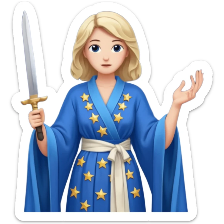 An upright Europe (a tall woman), wearing a blue, flowing robe with stars on the hem, and behind her stands Chancellor Merz, holding a knife toward her back 
you forgot chanccellor merz behind her sticker