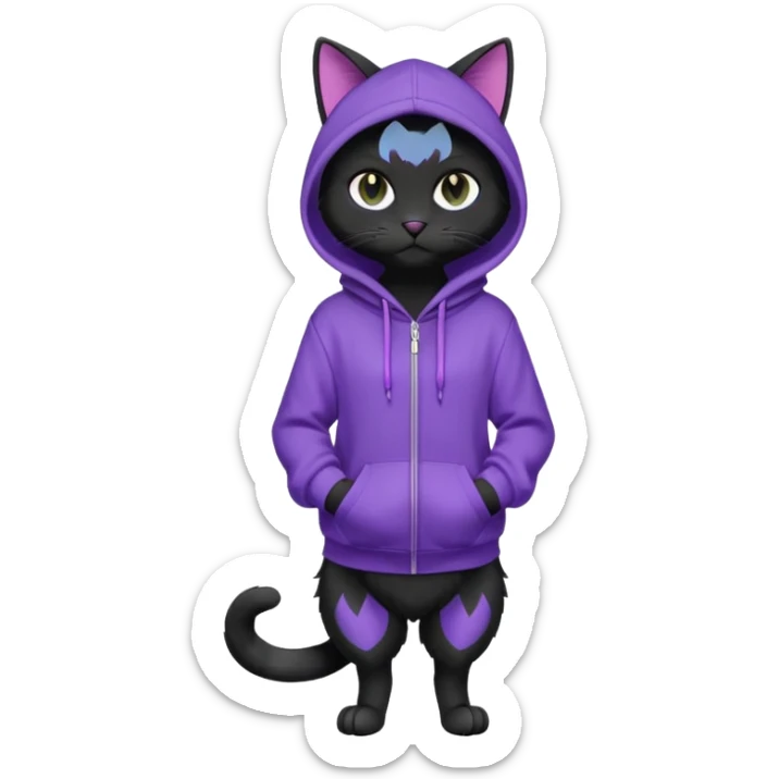 Black cat wearing a violet hoodie fursona (full body) sticker