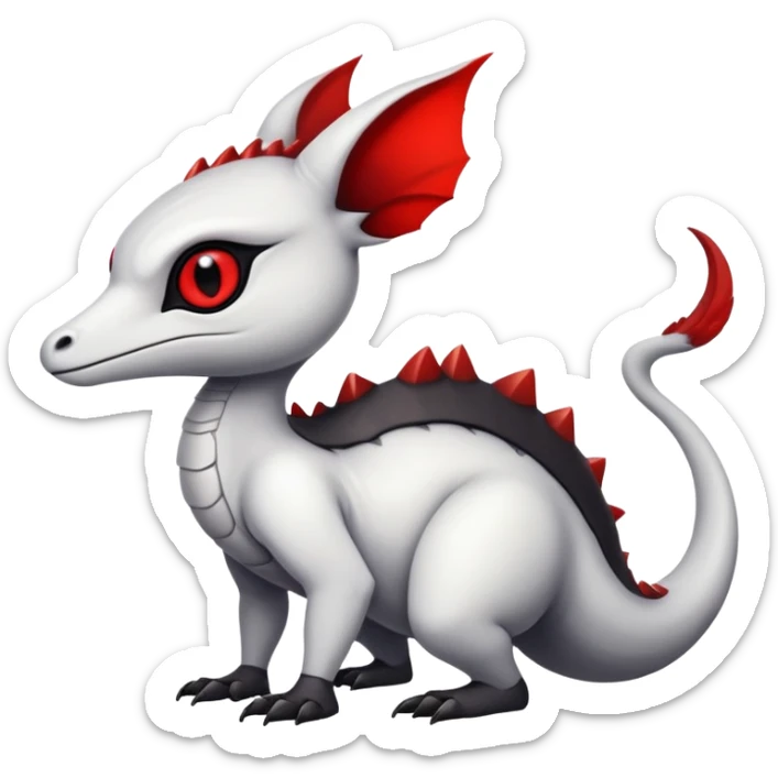 a white exotic edgy vernid-fionbri-creature, with black belly and red eyes, full body sticker
