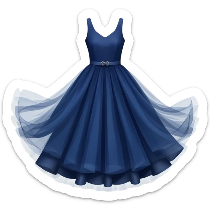 Navy blue dress with tulle skirt floating in the air, isolated sticker