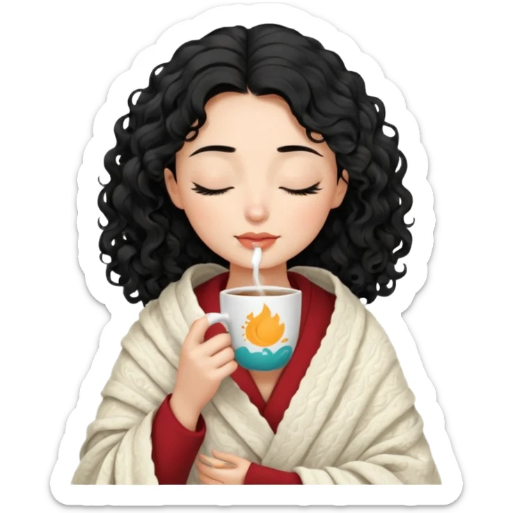 Gözleri kapalı, beyaz tenli ve dalgalı-kıvırcık siyah saçlı saç boyu orta omuzlarının biraz aşağısında bir kadın avatar, battaniyeye sarılmış halde beyaz bir Türk kahvesi fincanından içeceğini huzurla yudumluyor. sticker