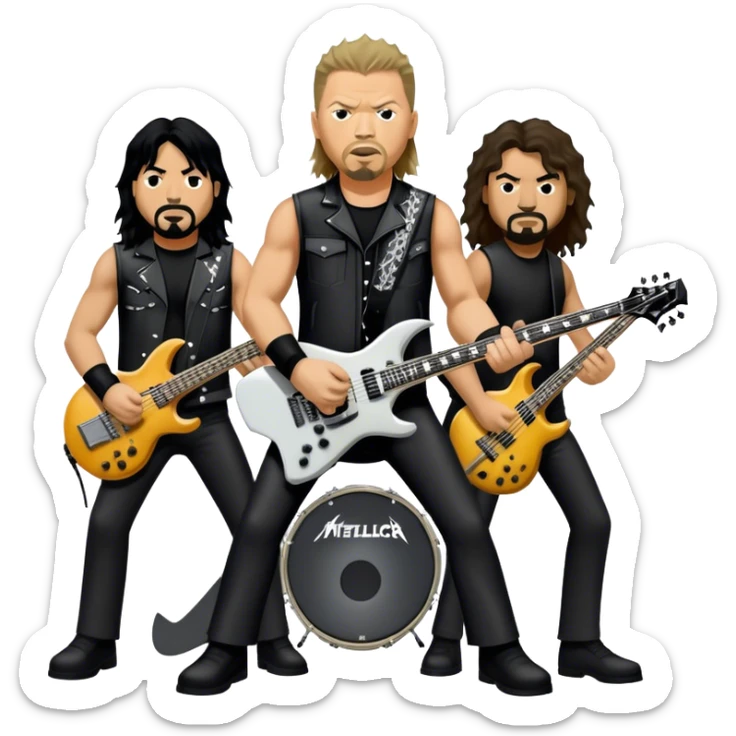 Icon for Metal Music: Metallica band members detailed in their signature look. James Hetfield with guitar, Lars Ulrich on drums, Kirk Hammett with his electric guitar, and Robert Trujillo playing bass. Bold, energetic style with musical notes, all in a heavy metal aesthetic. Transparent background. sticker