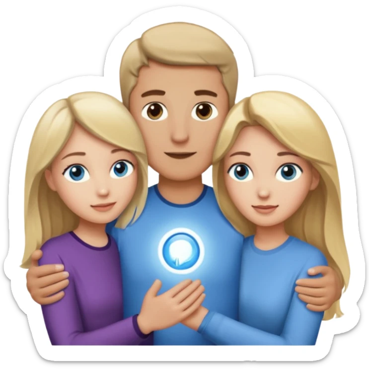 3 people. Throuple. Blank woman with blond hair and blue eye color on left. And also a blank man with brown hair and grey eye color in the middle. And a blank woman with brown hair and grey eye color on the right. Holding each other sticker