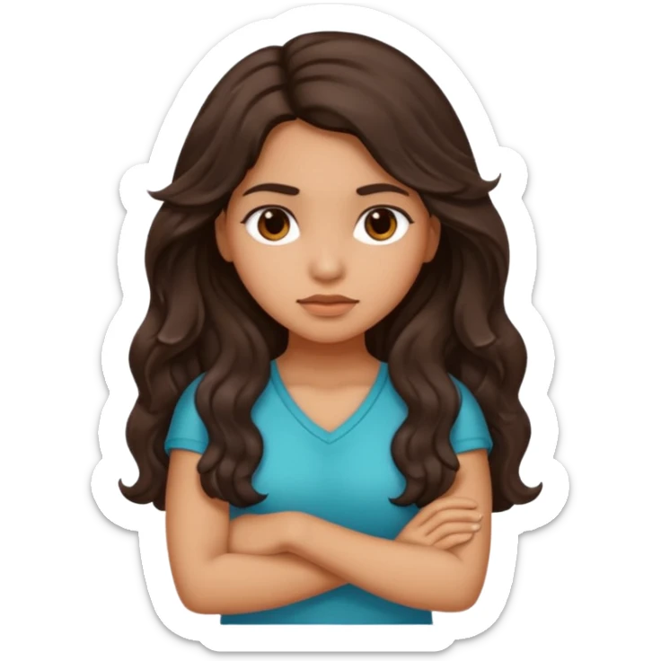 Hispanic girl with long dark brown wavy hair crossing her arms and slightly pouting sticker