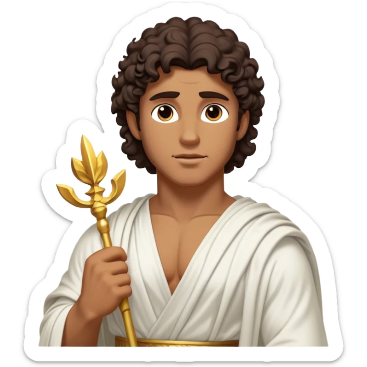 Cinematic Realistic Hercules Portrait, depicted as a classical Greek hero inspired by the Disney version yet echoing the refined proportions and serene dignity of Michelangelo's David. His idealized, sun-kissed tan skin glows with timeless strength, and his thick, curly wavy dark brownhair falls in natural, sculpted curls. Draped in a flowing white robe with delicate golden accents, his expressive eyes radiate determined nobility, all rendered under dynamic natural lighting with a mythic, radiant glow. sticker