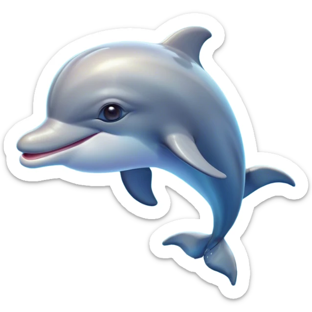 Cinematic Cute Bottlenose Dolphin Portrait Emoji, Head tilted playfully and inquisitively, featuring a charming, shiny glossy body with smooth, gleaming skin and round, sparkling eyes full of playful wonder, Simplified yet irresistibly adorable features, highly detailed, glowing with a warm, inviting aquatic glow, high shine, affectionate and lively, stylized with a touch of whimsical marine charm, soft glowing outline, capturing the essence of a mischievous yet endearing dolphin that seems as if it could splash out of the screen into your arms! sticker