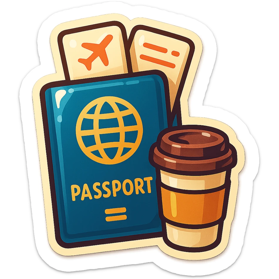 retro sticker-style illustration of a passport with two airline tickets sticking out, with a small coffee cup or to-go cup next to the passport, bold outlines, juicy colors, expressive shadows and highlights, playful and glossy look sticker