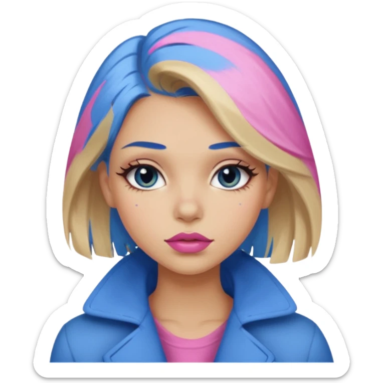 Make a girl with medium dirty blonde hair with an under coat of blue hair, add pink soft lips, lashes and  a tan skin tone sticker