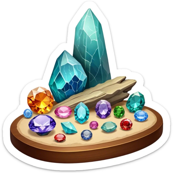 Icon for Mineral, Stone & Fossil Collecting: a display of various colorful minerals, gemstones, and fossils, arranged neatly on a table or shelf. The icon should reflect the beauty and scientific interest of collecting natural specimens. Transparent background. sticker