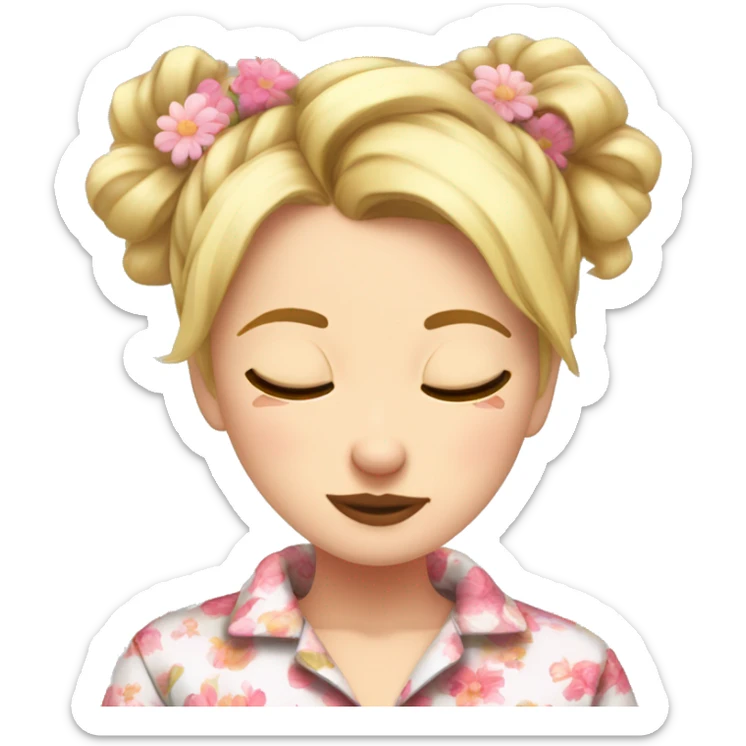 Blonde girl in floral long sleeve pyjamas with messy bun and she’s asleep sticker