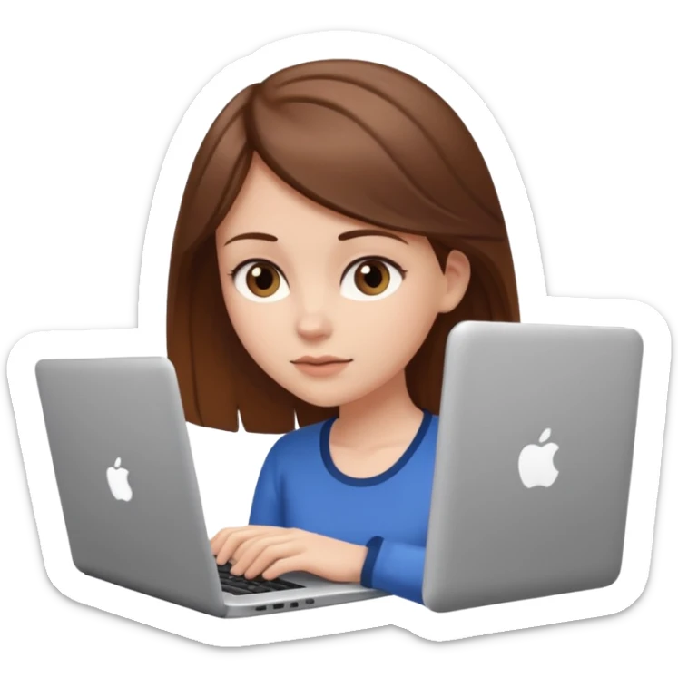 Make an emoji of a white girl with brown hair behind a laptop screen with her mouth not showing sticker