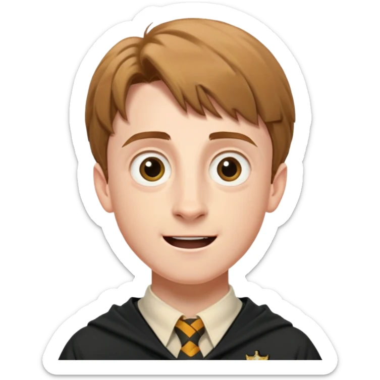 Hugh Mitchell is colin creevey in harry potter, wear hogwarts uniform,  Short light brown hair, small and skinny, with a perpetual look of excitement on his face. sticker