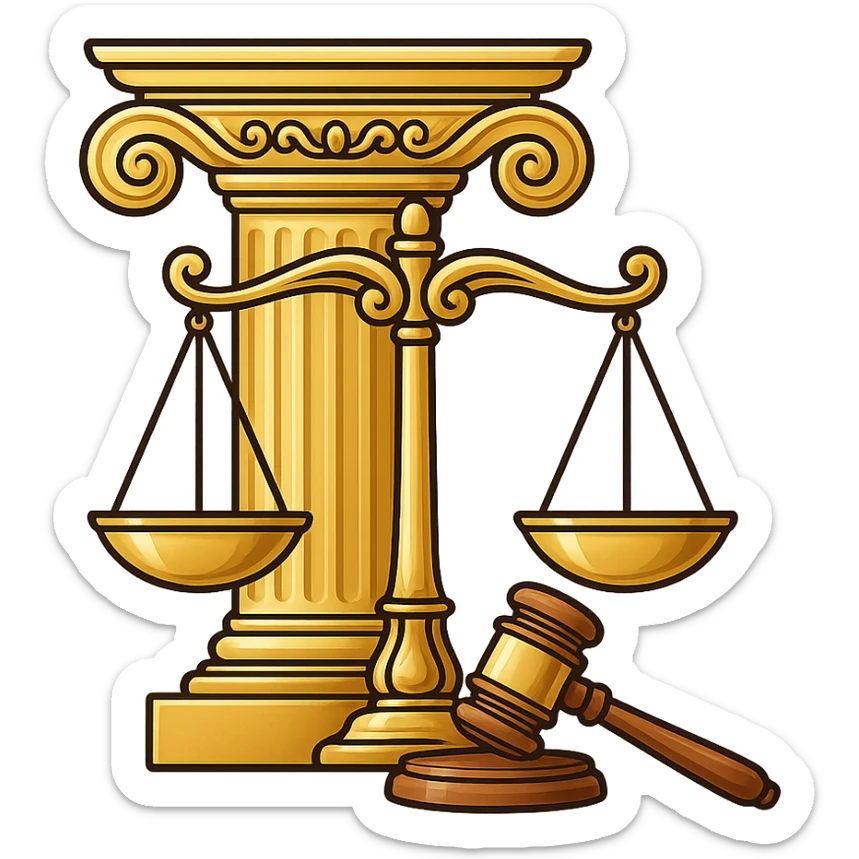 Vector illustration of a classic symbol of law (e.g. scales of justice, gavel, courthouse column), designed with elegant and refined lines. Include intricate golden detailing, soft gradients for a polished metallic look, and realistic shadows and highlights for depth. Style should be clean and professional, with a modern yet timeless feel. Transparent background sticker