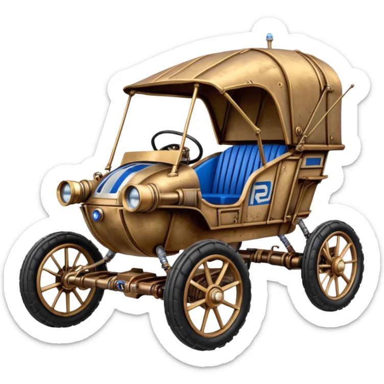 Old American West tarnished R2D2 C-3PO bounty hunter 1854 delicately ornate rosegold accents painted dune buggy buckboard wagon powered by electric motors and batteries with safety and belts flying rapidly roughening terrain stable on strong agile steampunk cantilever suspension and steering  sticker