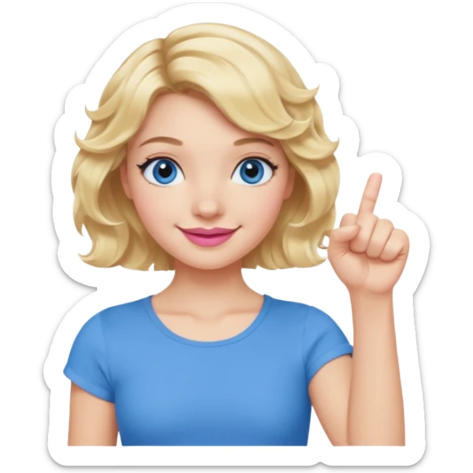 Girl Blonde short wavy hair,  blue eyes, cute blue top, long lashes, pink lips, smiling, fist bump sticker