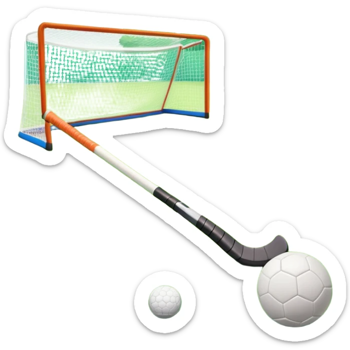 A field hockey stick and ball on a vibrant green grass field, with goalposts and clear field markings in the background. The scene emphasizes the bright, lush grass, highlighting the fast-paced and strategic nature of hockey on a well-maintained pitch. sticker