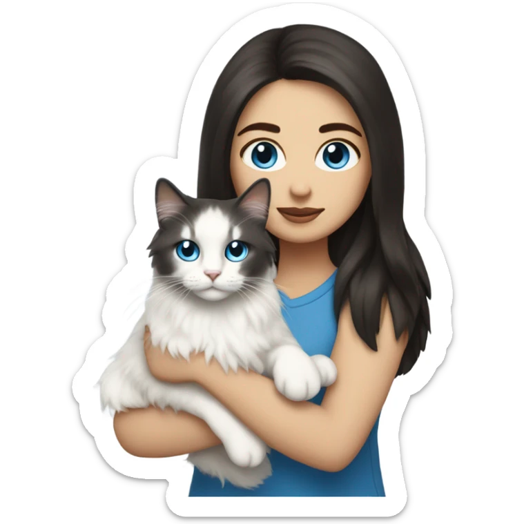 woman with dark long hair and holding a all white Siberian cat with blue eyes sticker