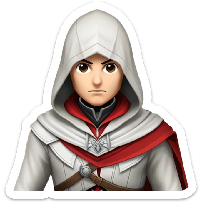 icon featuring Assasin's Creed in an iconic assassin's hood, standing tall against the backdrop of Florence. The design captures the essence of adventure, with intricate details of historical architecture and a sense of mystery. The character is poised, ready for action. transparent background. sticker