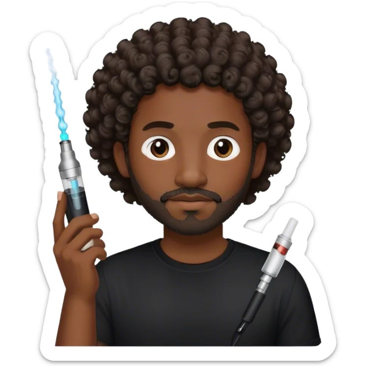 dark black guy, short curly hair, facial hair, holding vape, black shirt  sticker