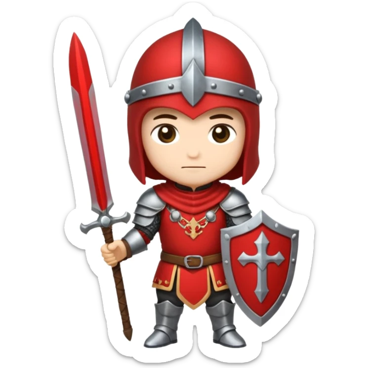 Um guerreiro estilo chibi/cartoon, vestindo armadura prateada brilhante, com capacete medieval e um penacho vermelho no topo. O personagem faz uma cara sério, chocado " :| ". O fundo é preto, destacando bem o personagem. sticker