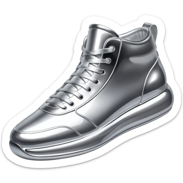 A pair of futuristic sneakers emoji made of silver chrome, sleek streetwear design, smooth metallic panels, subtle reflections, luxury swag aesthetic, iOS emoji style, centered, clean white background sticker