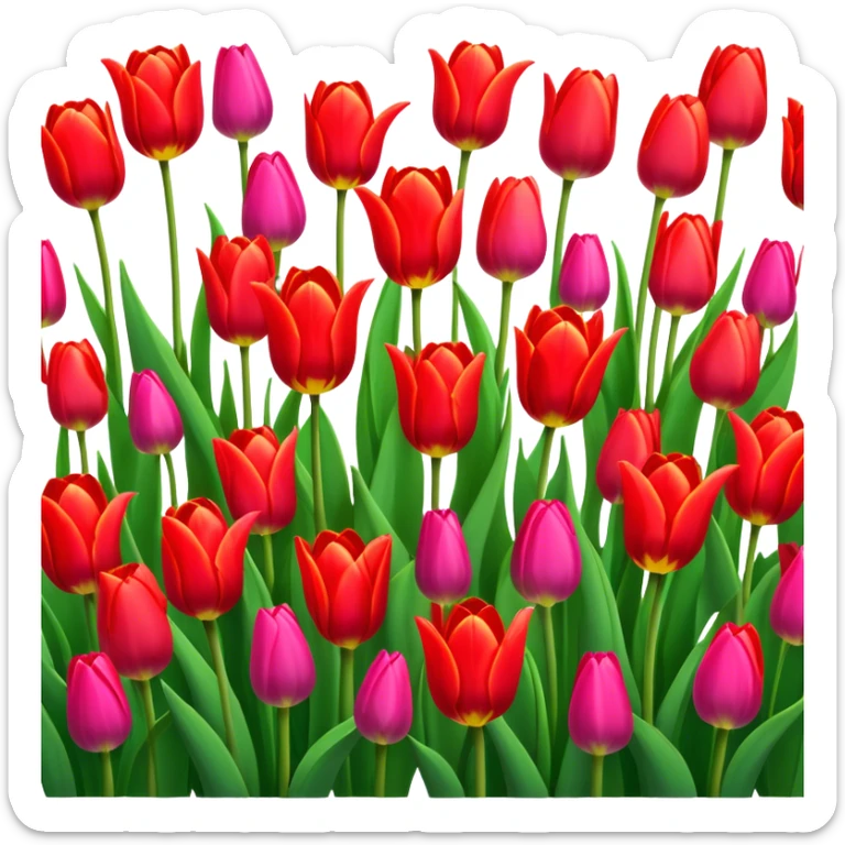Tulips – Cinematic Realistic Tulips, depicted as a vibrant field of blooming tulips in brilliant hues, each delicate petal catching dewdrops under soft, natural spring light, rendered with detailed textures and a dreamy, picturesque glow. sticker