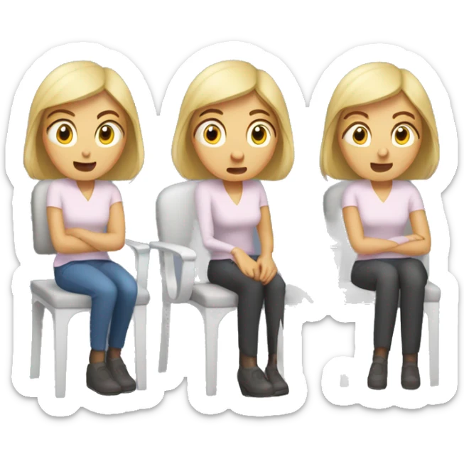 Caucasian woman, facial expression scared,chair and armchair next to her sticker